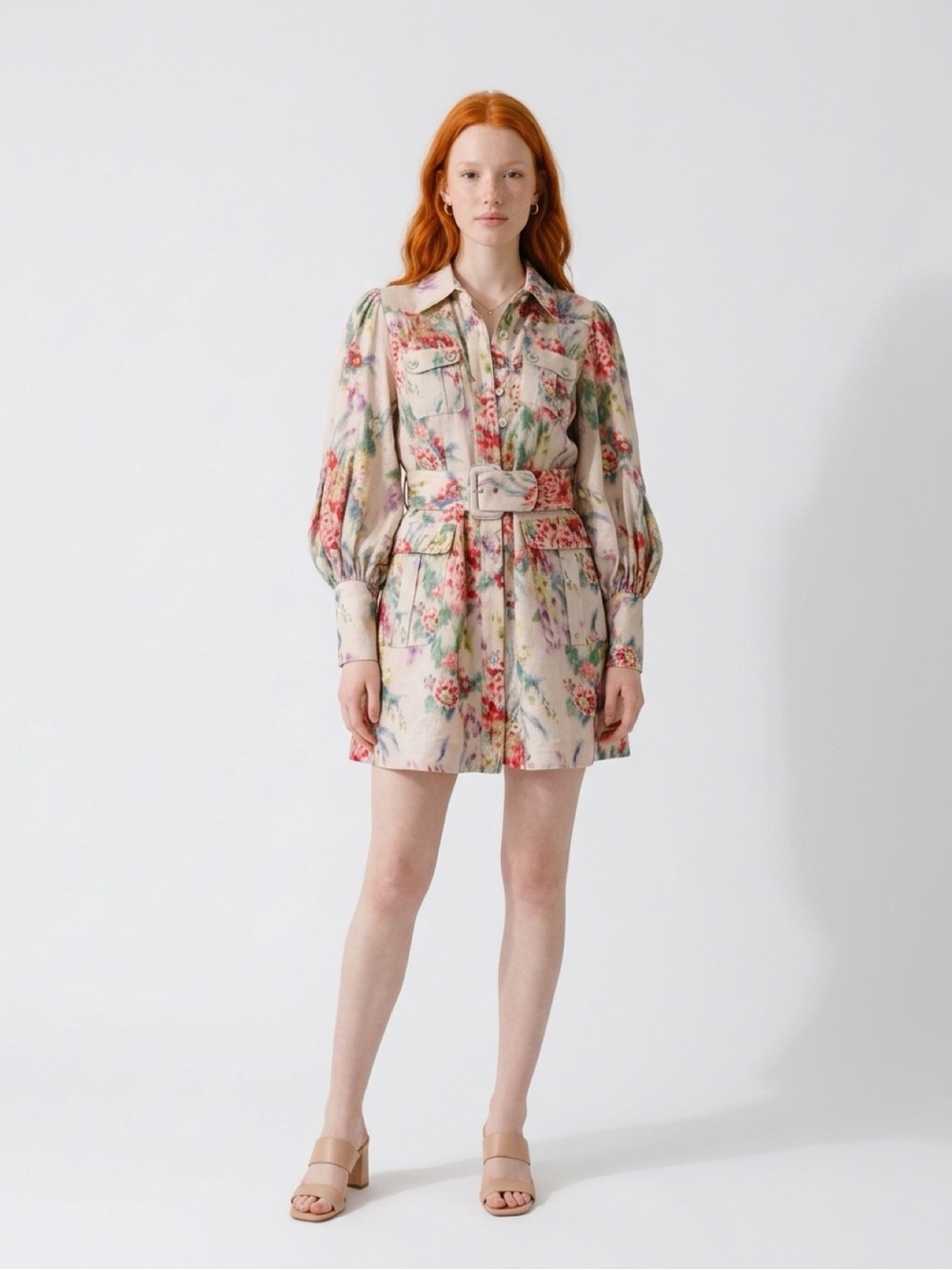 Zimmermann Cream Floral Belted Shirt Mini Dress with Pink and Green Accents